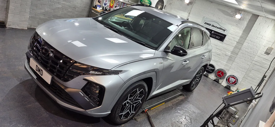 Shimmering Sliver Hyundai Tucson N after single stage machine polish and 5 year ceramic coating