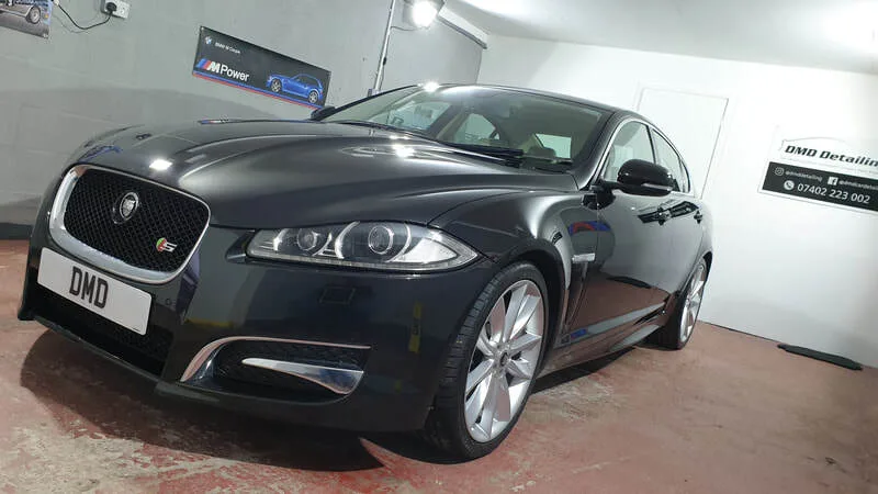 Jaguar XF after undergoing machine polishing and ceramic coating at DMD Car Detailing in Paisley near Glasgow.