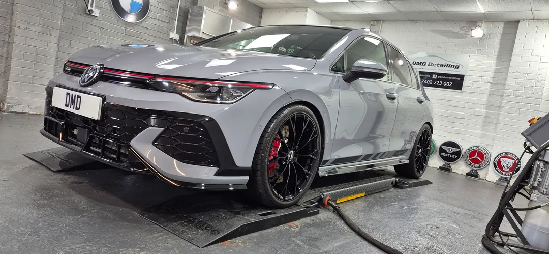 Moonstone Grey Volkswagen Golf GTi Clubsport after undergoing a single stage machine polish and ceramic coating in Paisley near Glasgow at DMD Car Detailing